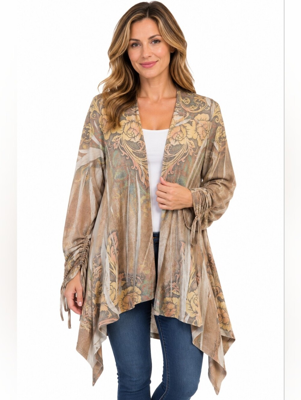 Floral Handkerchief-Hem Open Cardigan - Beige Floral
